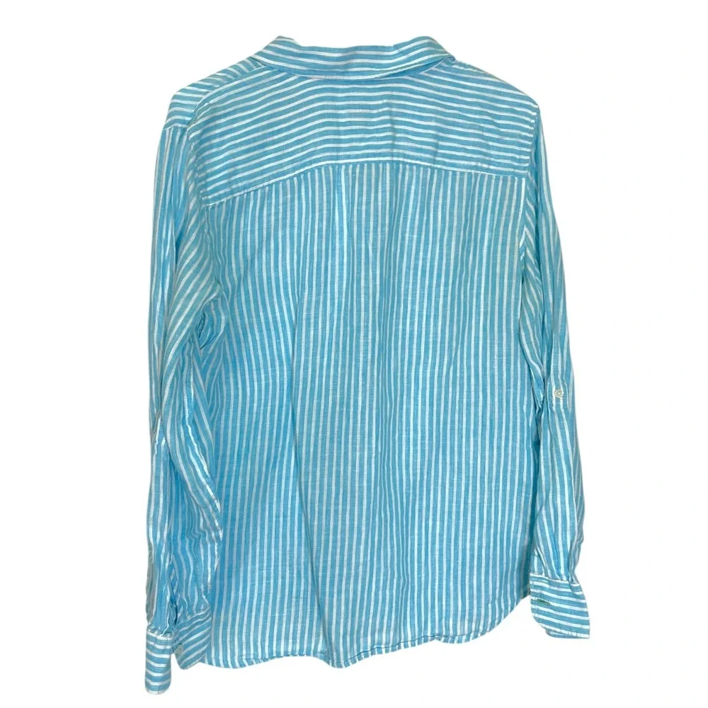 Talbots Large Blue Striped Linen Button Up Shirt Long Sleeve Coastal Preppy - Picture 3 of 8